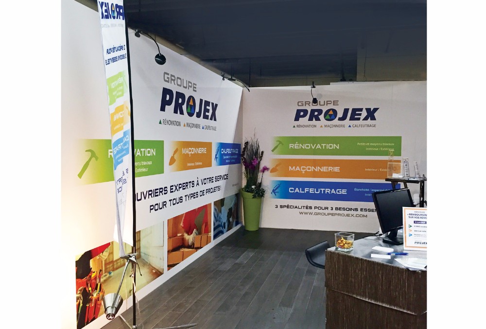 Groupe Projex : logo, carton pub, affiche, drapeau, kiosque, t-shirt